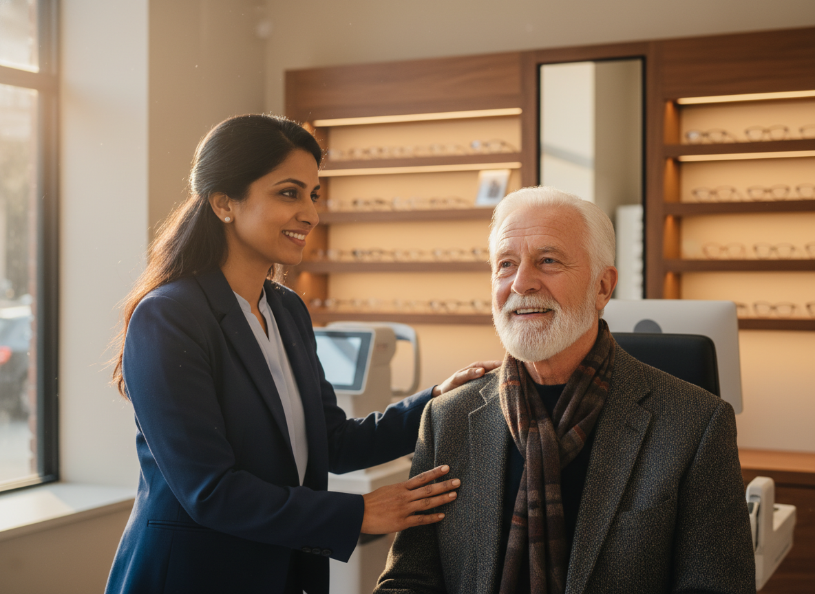 A genuine and warm interaction between an optometrist and a patient