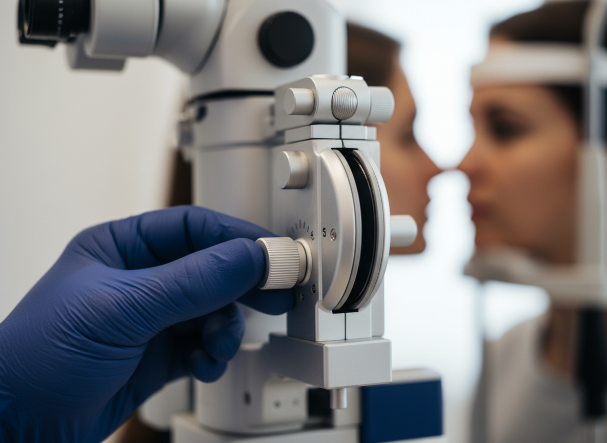 A doctor's hand gently operating advanced optometry diagnostic equipment